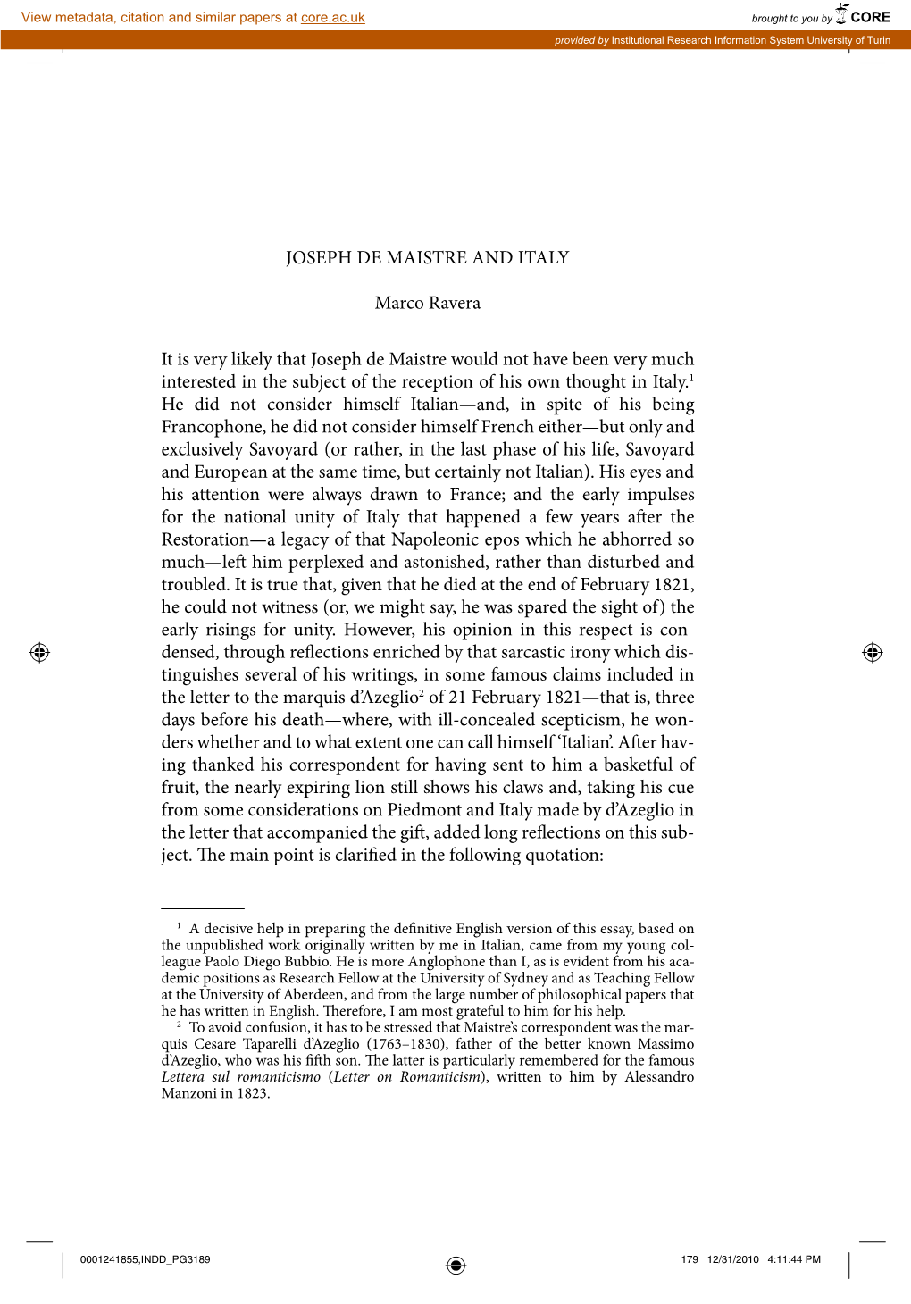 JOSEPH DE MAISTRE and ITALY Marco Ravera It Is Very Likely That Joseph De Maistre Would Not Have Been Very Much Interested in Th