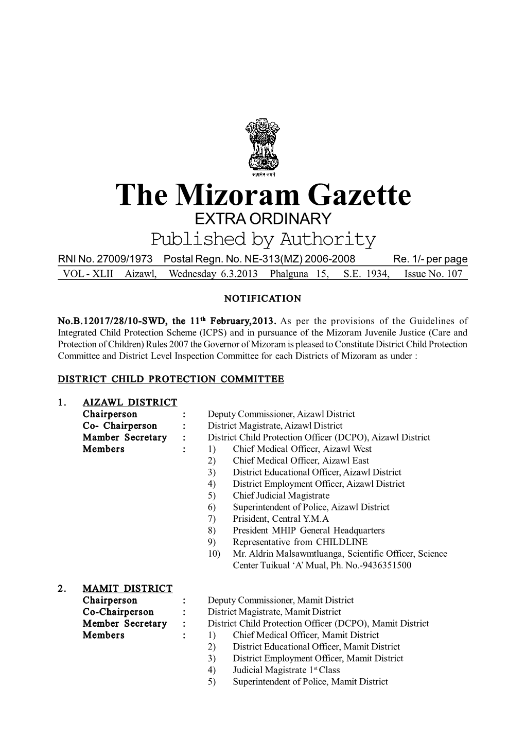 The Mizoram Gazette EXTRA ORDINARY Published by Authority RNI No