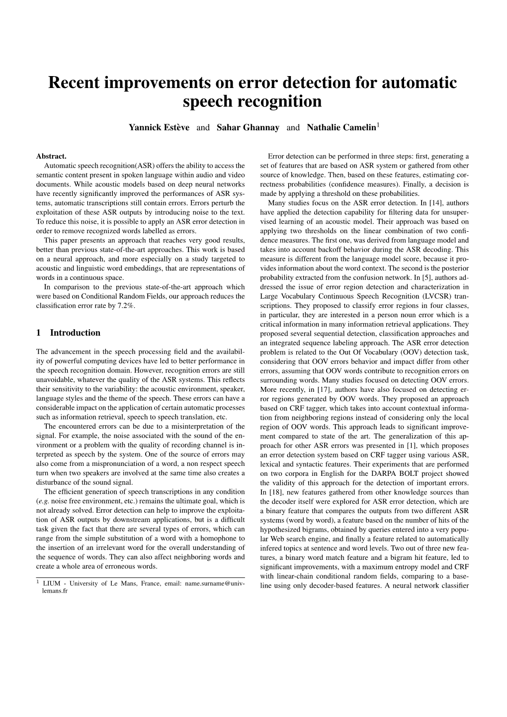 Recent Improvements on Error Detection for Automatic Speech Recognition