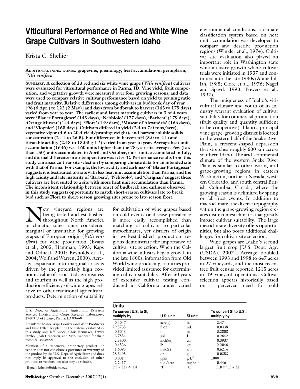 Viticultural Performance of Red and White Wine Grape Cultivars in Southwestern Idaho