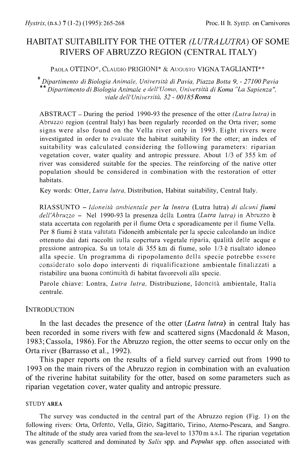 Habitat Suitability for the Otter (Lutra Lutra) of Some Rivers of Abruzzo Region (Central Italy)