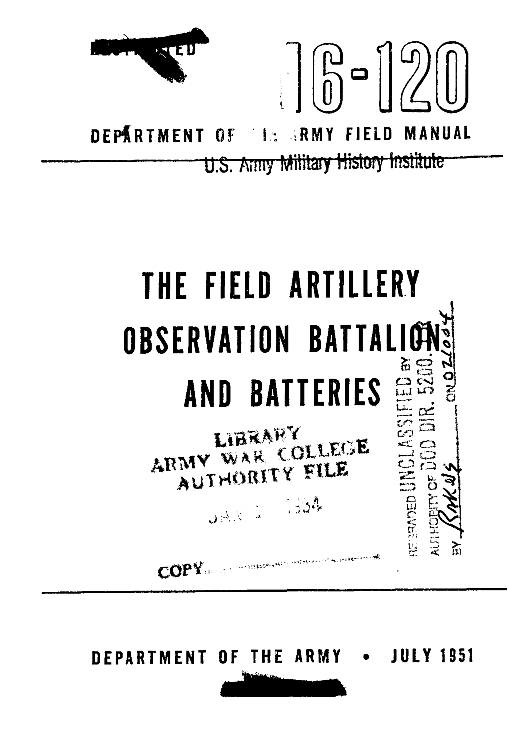 FM 6-120: the Field Artillery Observation Battalion and Batteries