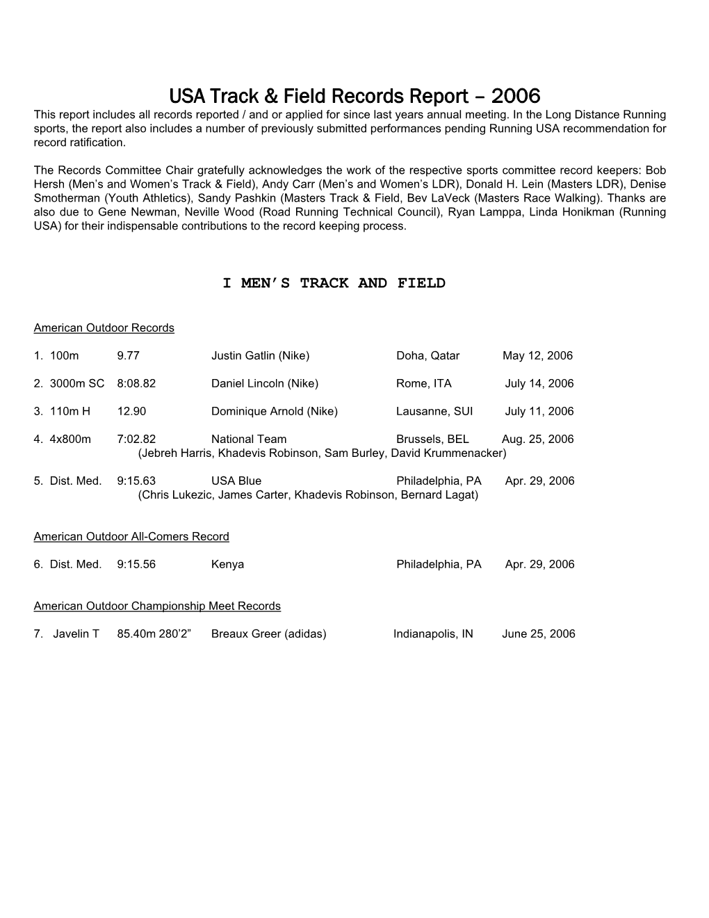 USA Track & Field Records Report – 2006