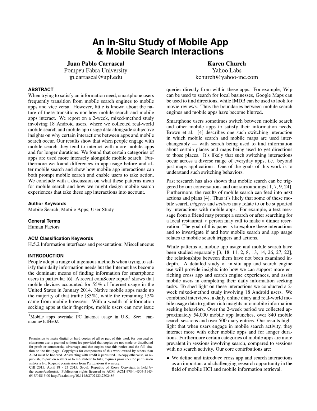 An In-Situ Study of Mobile App & Mobile Search Interactions