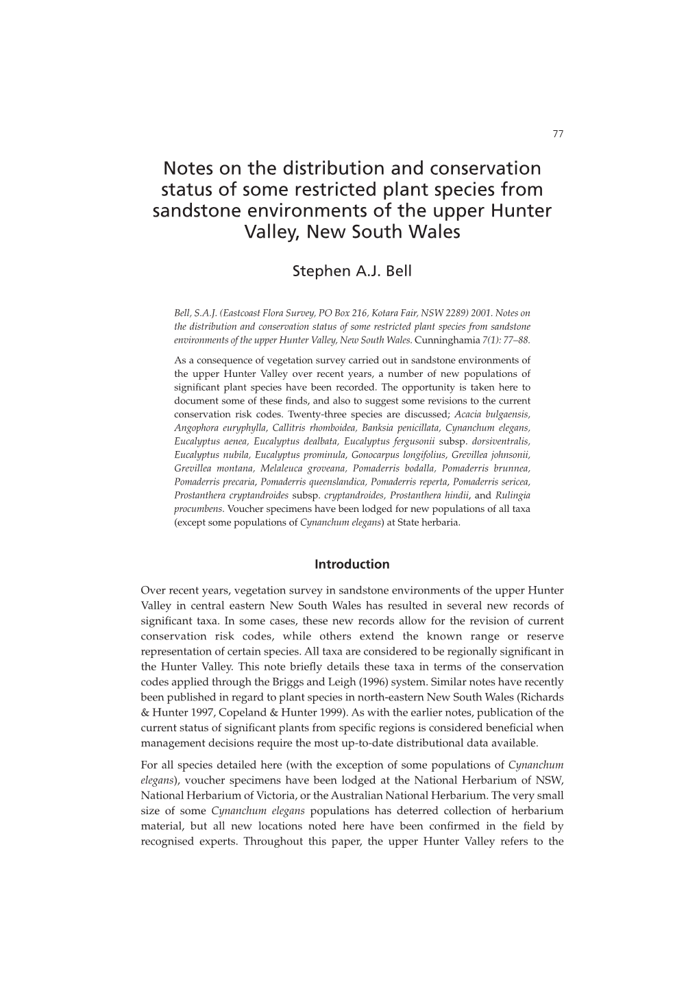 Notes on the Distribution and Conservation Status of Some Restricted Plant Species from Sandstone Environments of the Upper Hunter Valley, New South Wales