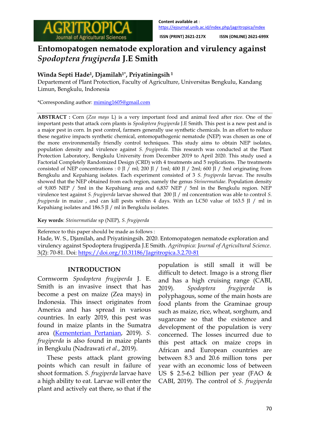 Entomopatogen Nematode Exploration and Virulency Against Spodoptera Frugiperda J.E Smith