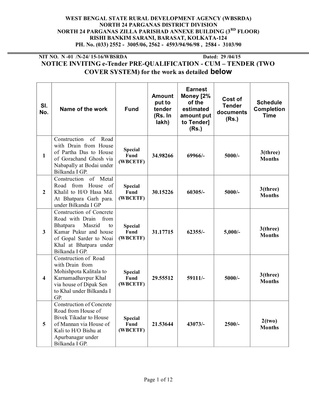 NOTICE INVITING E-Tender PRE-QUALIFICATION - CUM – TENDER (TWO COVER SYSTEM) for the Work As Detailed Below