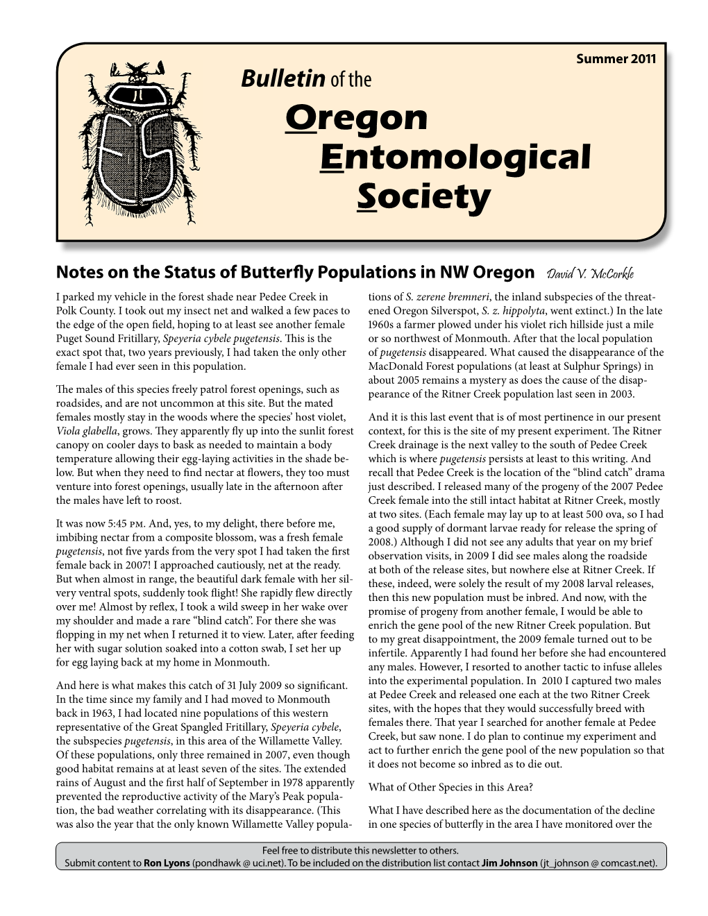 Summer 2011 Bulletin of the Oregon Entomological Society