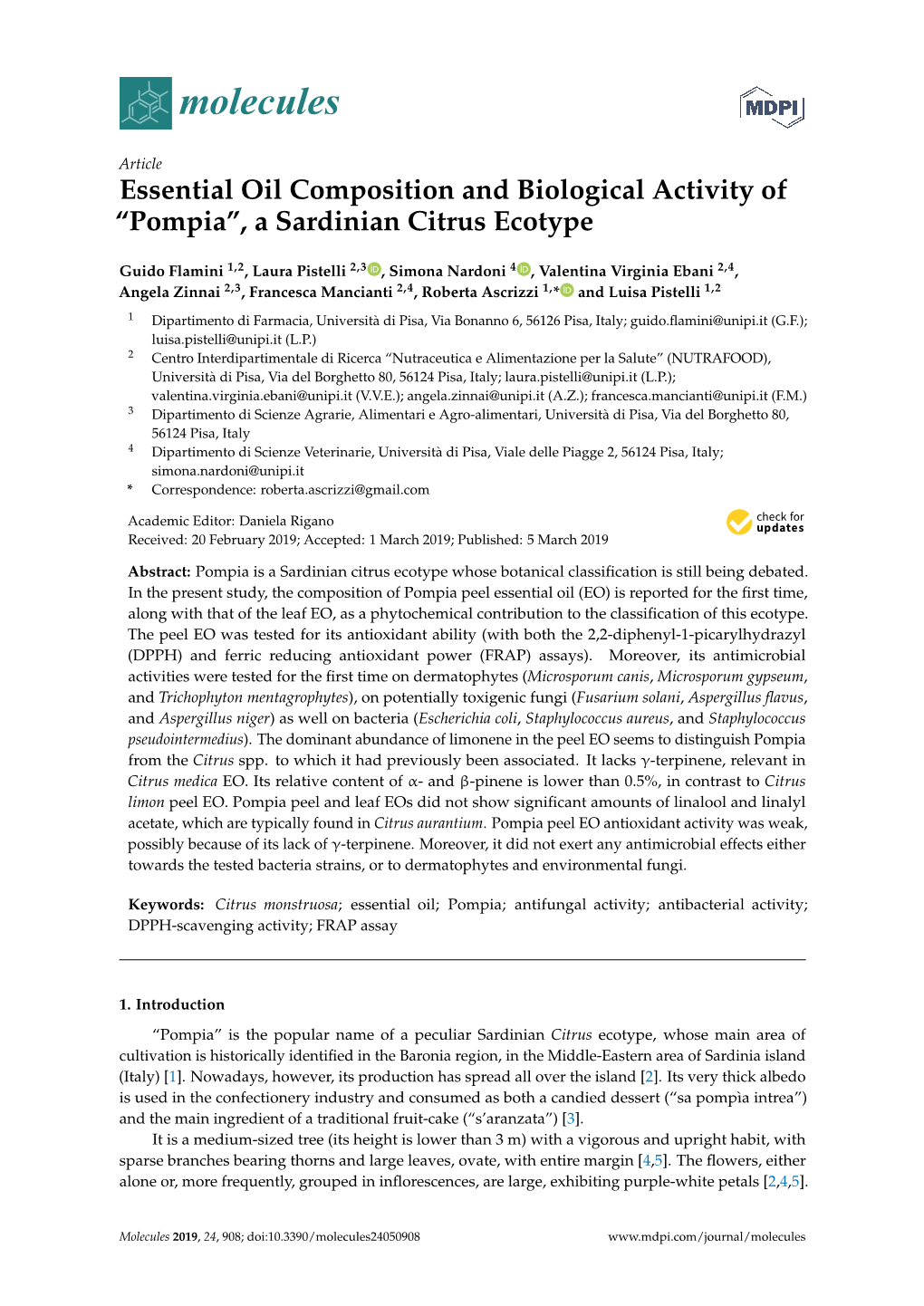 Essential Oil Composition and Biological Activity of “Pompia”, a Sardinian Citrus Ecotype