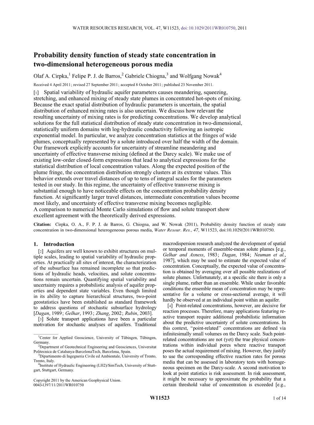 Probability Density Function of Steady State Concentration in Two-Dimensional Heterogeneous Porous Media Olaf A