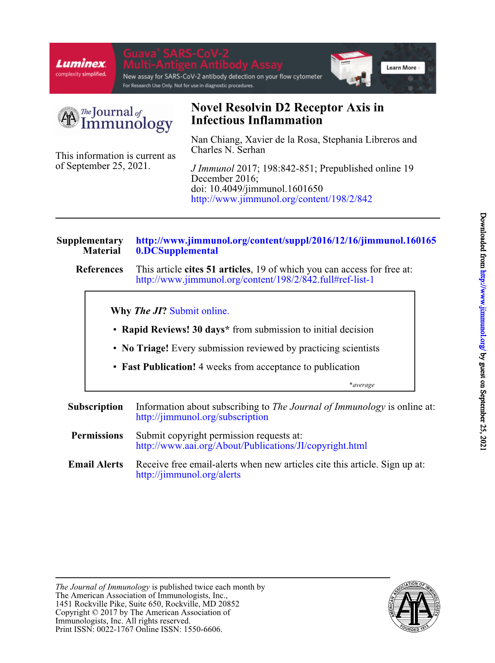 Novel Resolvin D2 Receptor Axis in Infectious Inflammation Nan Chiang, Xavier De La Rosa, Stephania Libreros and Charles N