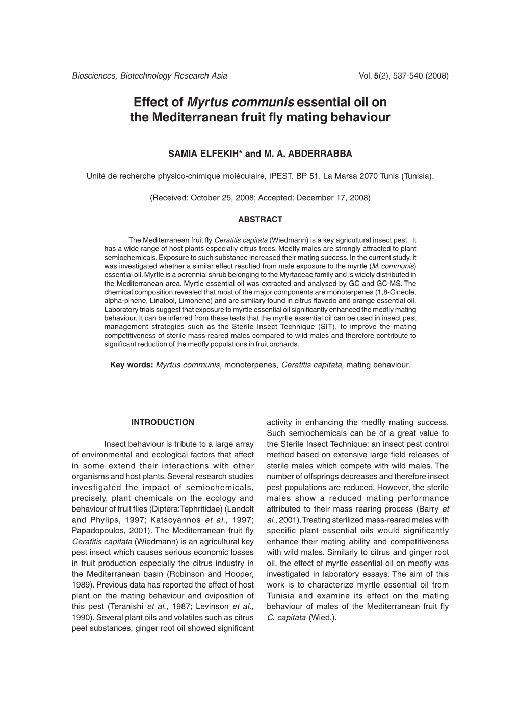 Effect of Myrtus Communis Essential Oil on the Mediterranean Fruit Fly Mating Behaviour