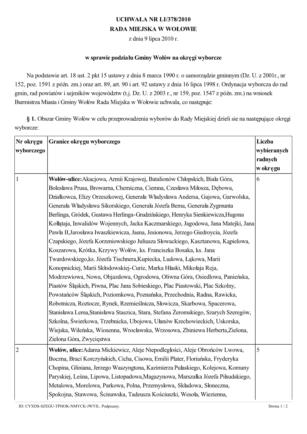 UCHWAŁA NR LI/378/2010 RADA MIEJSKA W WOŁOWIE Z Dnia 9 Lipca 2010 R