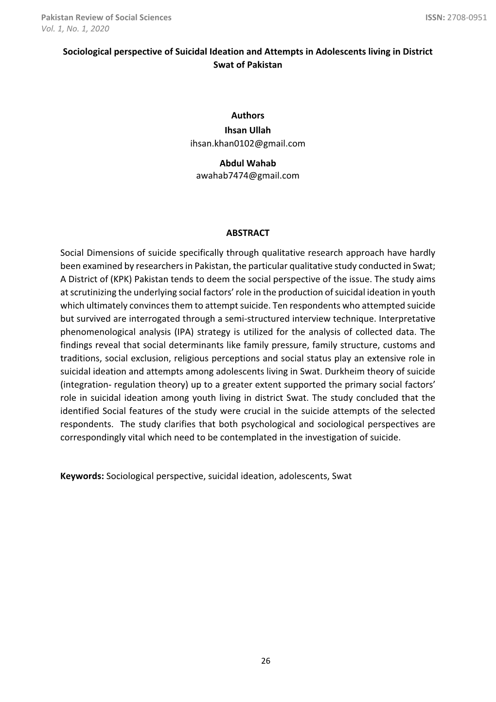 Sociological Perspective of Suicidal Ideation and Attempts in Adolescents Living in District Swat of Pakistan