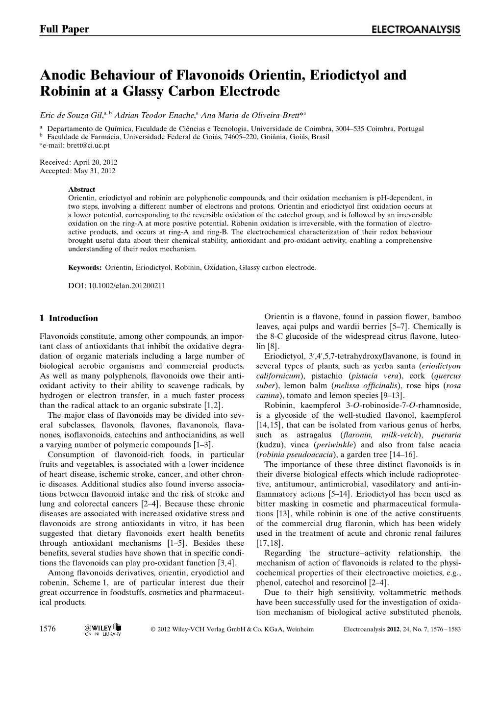 Anodic Behaviour of Flavonoids Orientin, Eriodictyol and Robinin at a Glassy Carbon Electrode