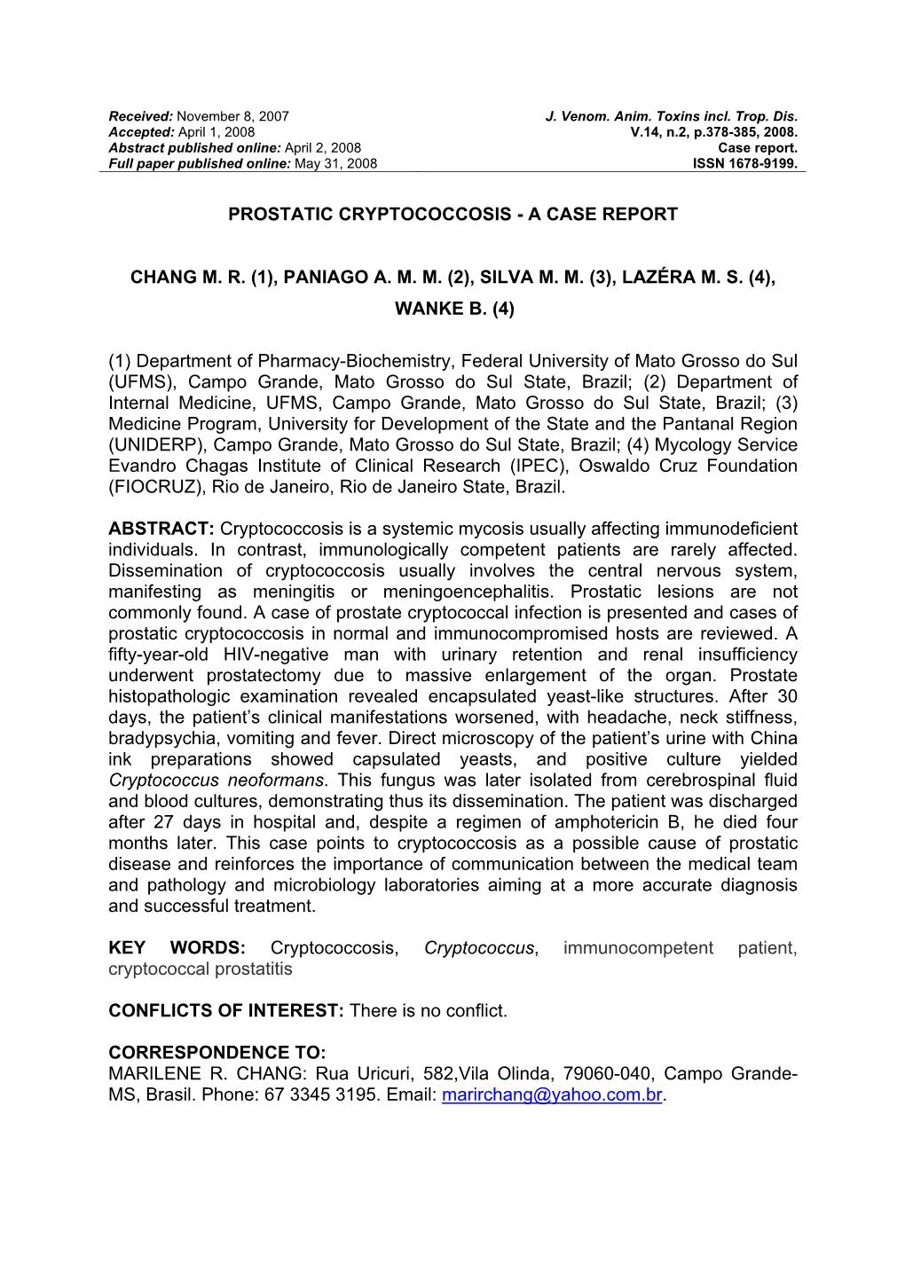 Prostatic Cryptococcosis - a Case Report