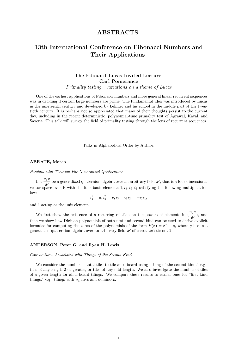 ABSTRACTS 13Th International Conference on Fibonacci Numbers