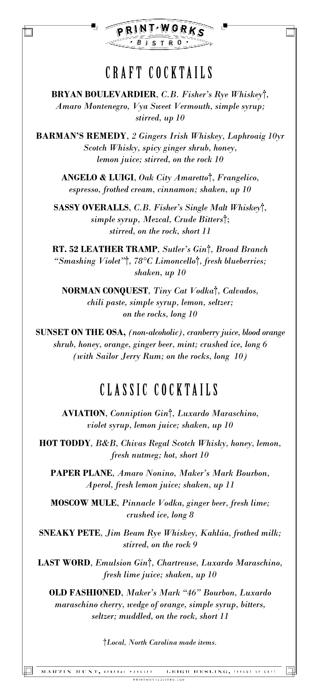 Print Works Bistro Cocktails Menu