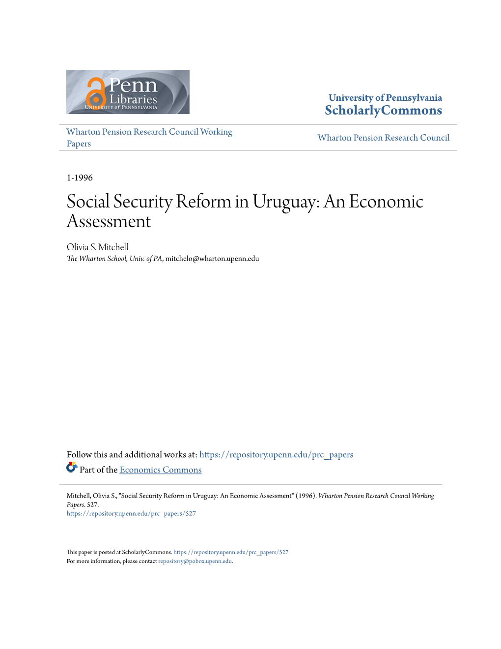 Social Security Reform in Uruguay: an Economic Assessment Olivia S