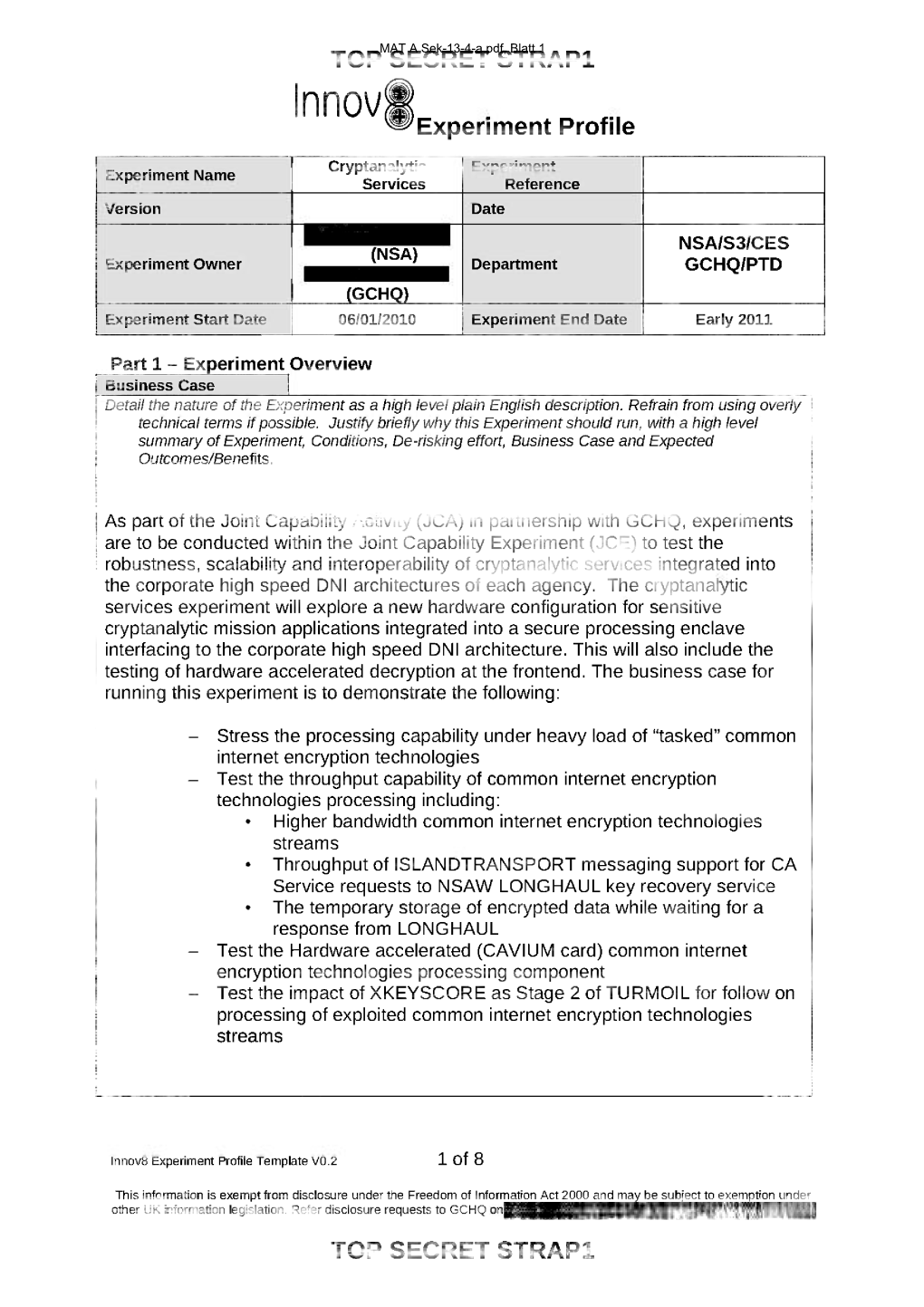 TOP SECRET STRAP1 Innovä ^Experimen Tprofile Cryptanalytic Experiment Experiment Name Services Reference Version Date