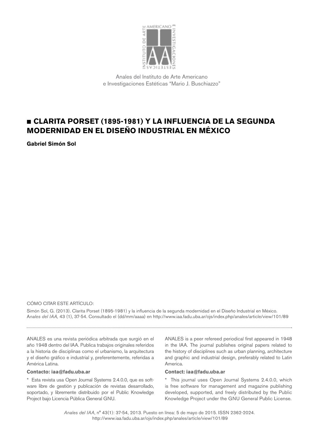 N Clarita Porset (1895-1981) Y La Influencia De La Segunda Modernidad En El Diseño Industrial En México