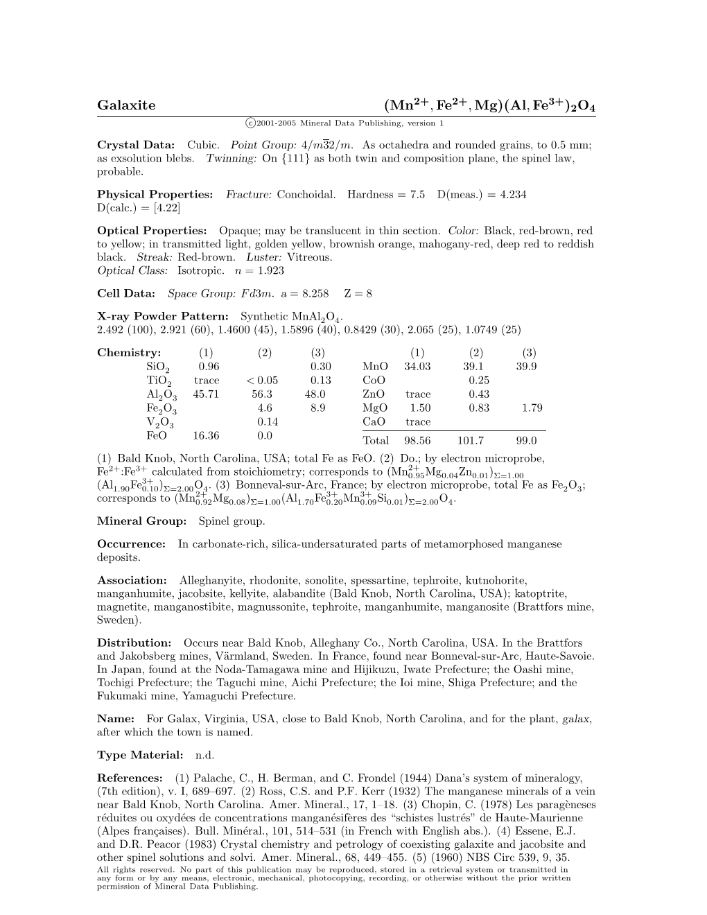 Galaxite (Mn , Fe , Mg)(Al, Fe )2O4 C 2001-2005 Mineral Data Publishing, Version 1