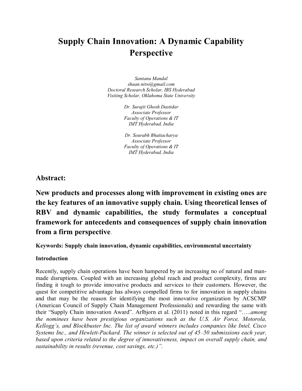 Supply Chain Innovation: a Dynamic Capability Perspective