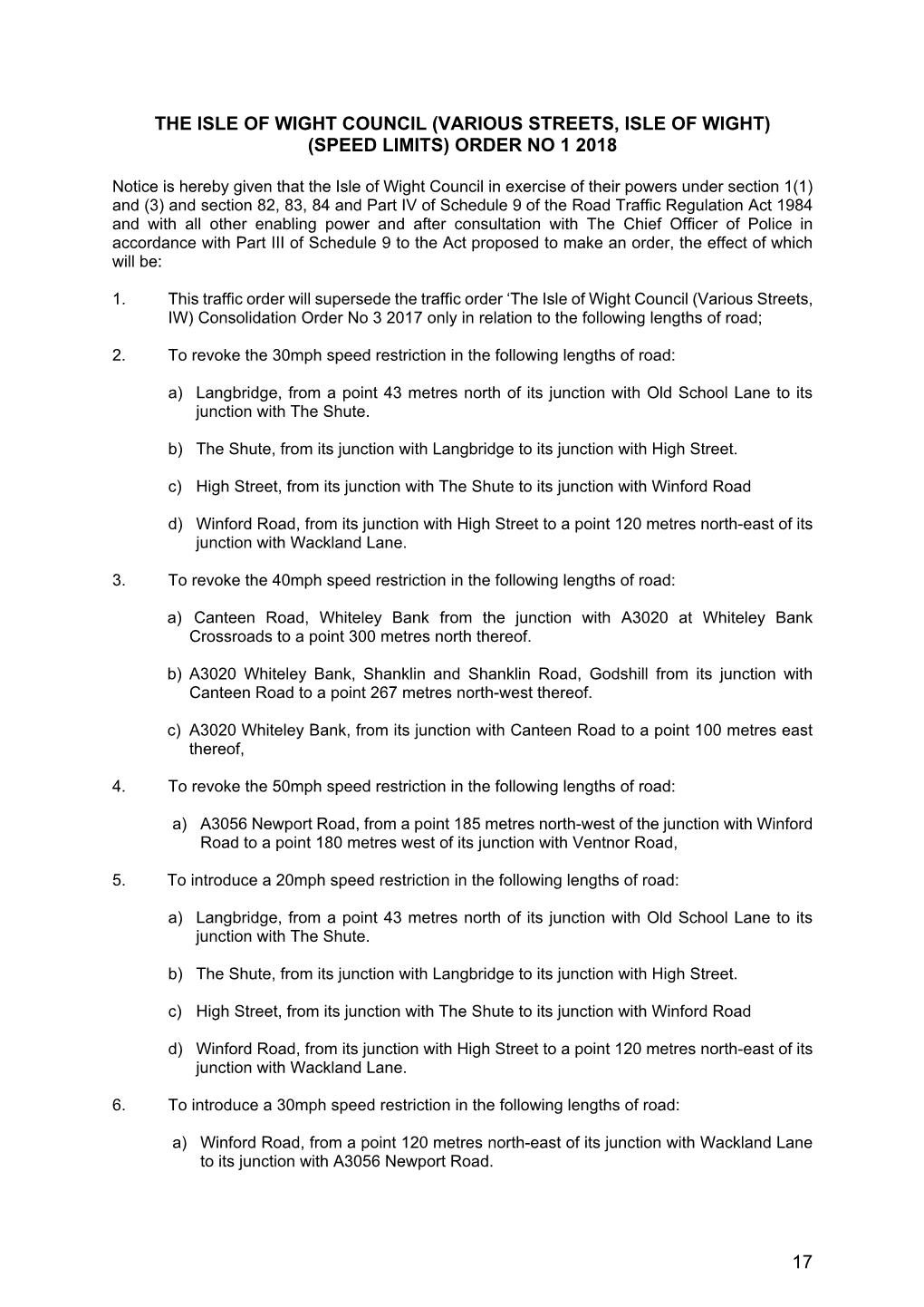 The Isle of Wight Council (Various Streets, Isle of Wight) (Speed Limits) Order No 1 2018 17