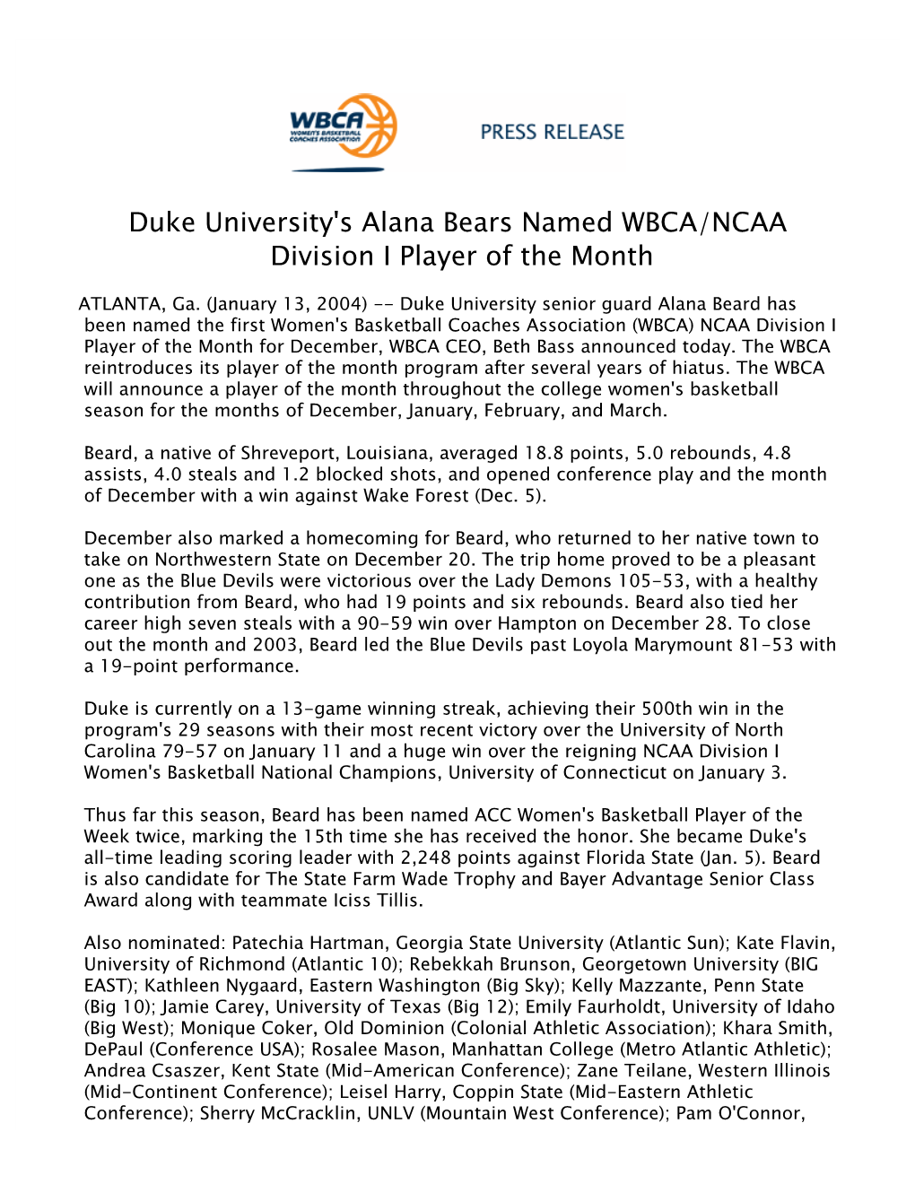 Duke University's Alana Bears Named WBCA/NCAA Division I Player of the Month