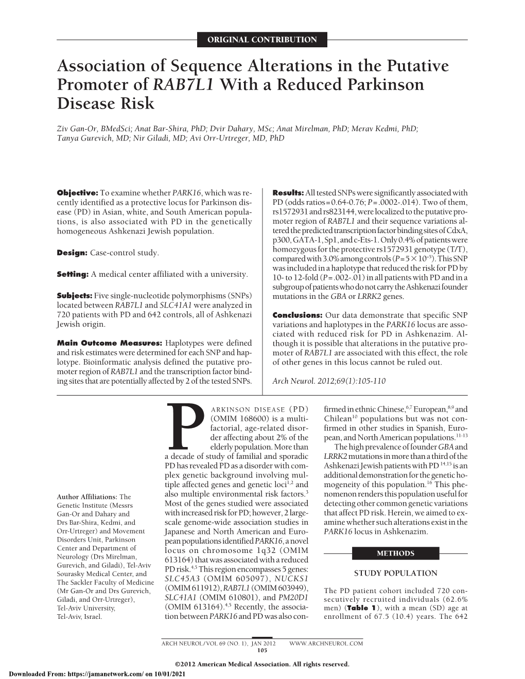Association of Sequence Alterations in the Putative Promoter of RAB7L1 with a Reduced Parkinson Disease Risk