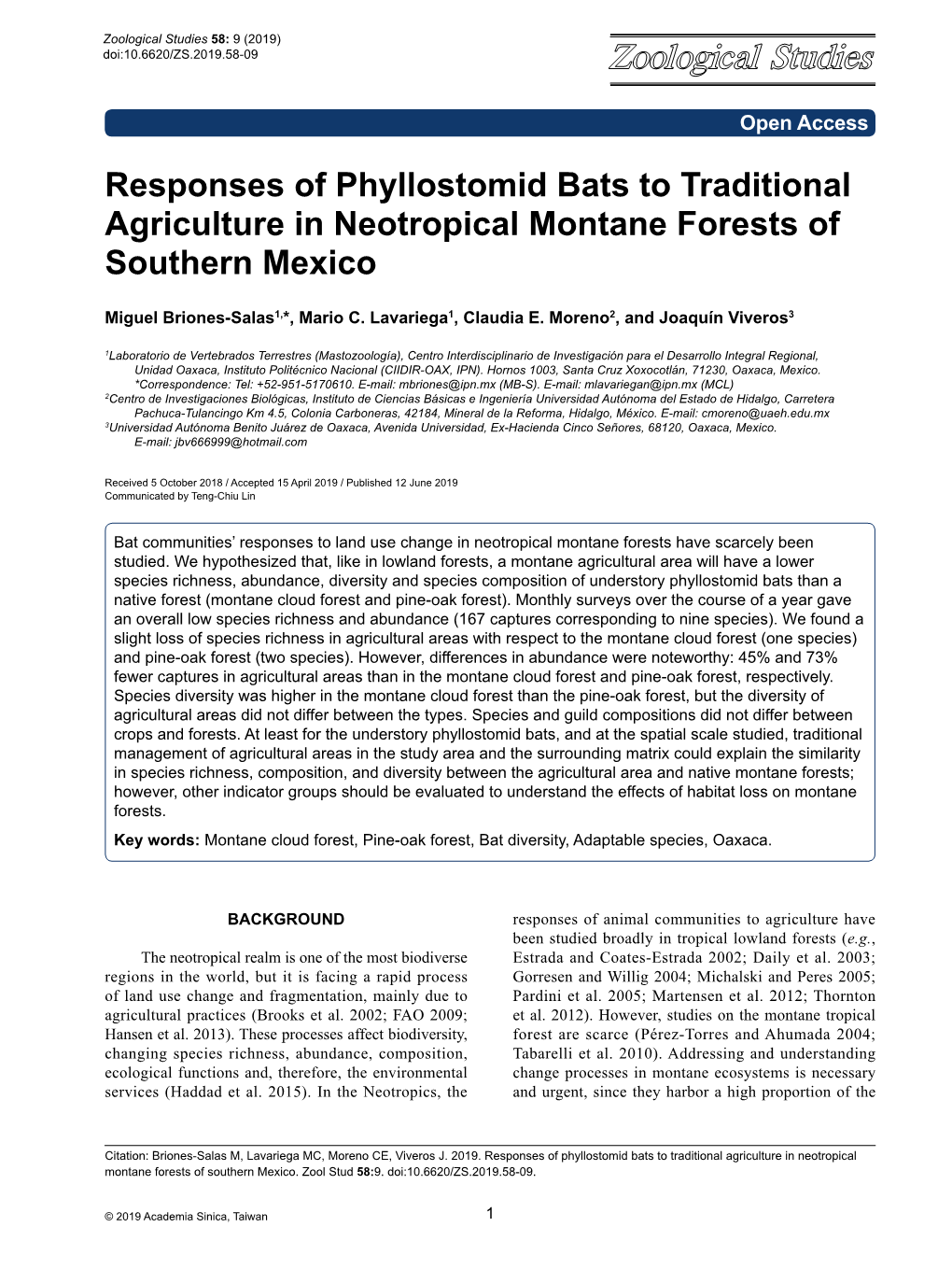 Responses of Phyllostomid Bats to Traditional Agriculture in Neotropical Montane Forests of Southern Mexico