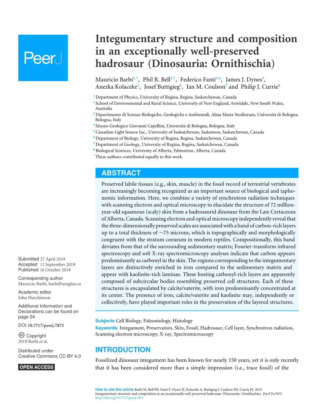 Integumentary Structure and Composition in an Exceptionally Well-Preserved Hadrosaur (Dinosauria: Ornithischia)