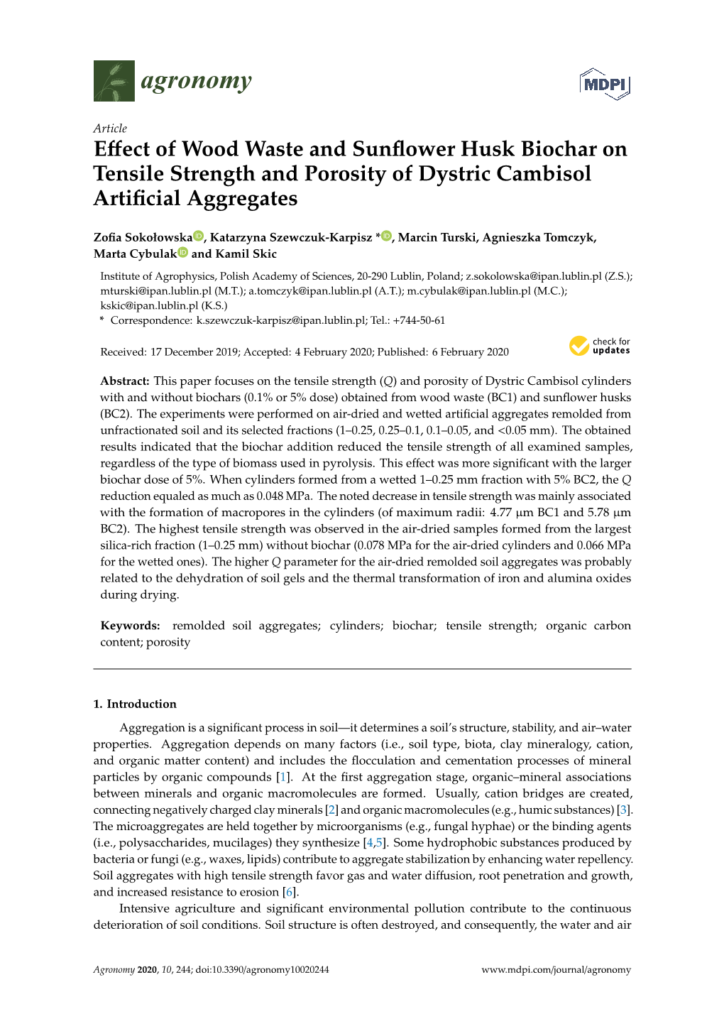 Effect of Wood Waste and Sunflower Husk Biochar on Tensile Strength and Porosity of Dystric Cambisol Artificial Aggregates