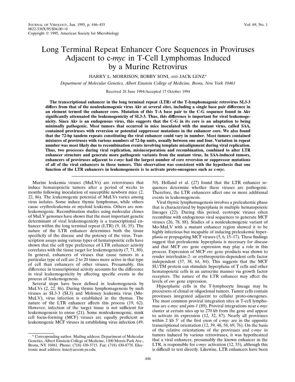 Long Terminal Repeat Enhancer Core Sequences in Proviruses Adjacent to C-Myc in T-Cell Lymphomas Induced by a Murine Retrovirus