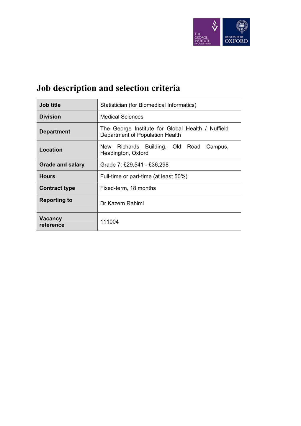 Job Description and Person Specification