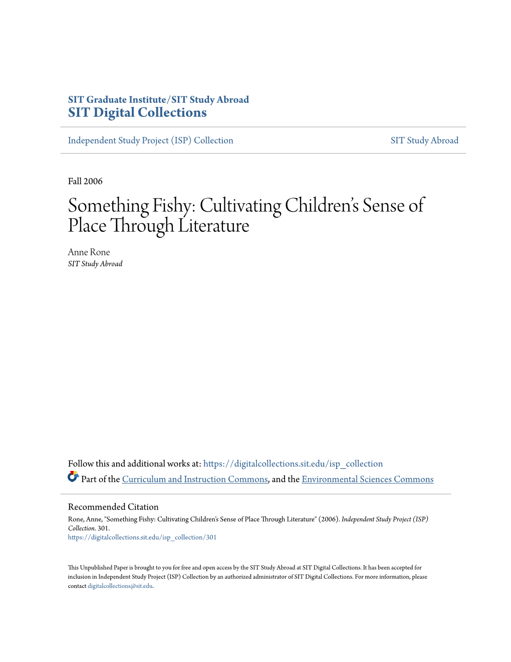 Something Fishy: Cultivating Children’S Sense of Place Through Literature Anne Rone SIT Study Abroad