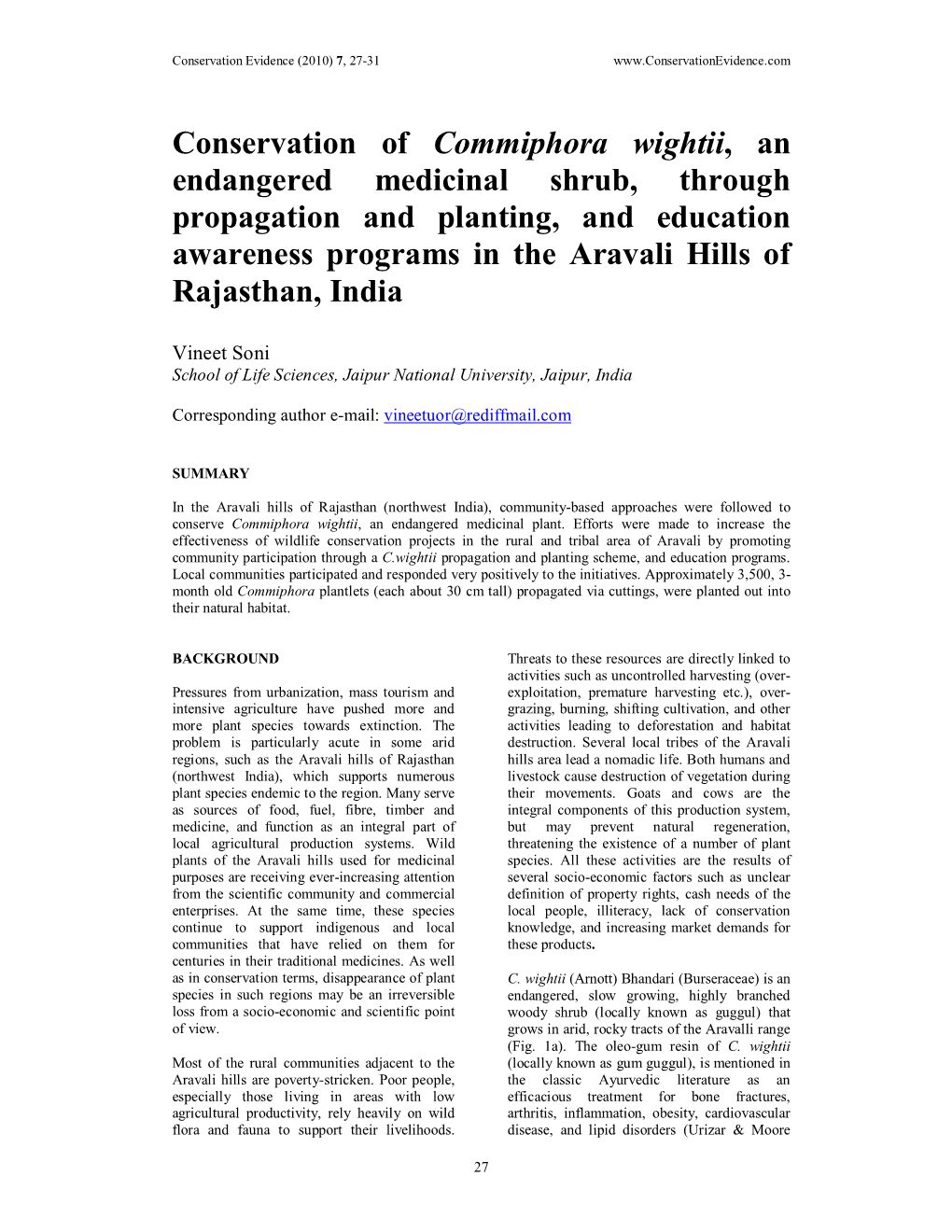 Conservation of Commiphora Wightii, an Endangered Medicinal Shrub, Through Propagation and Planting, and Education Awareness