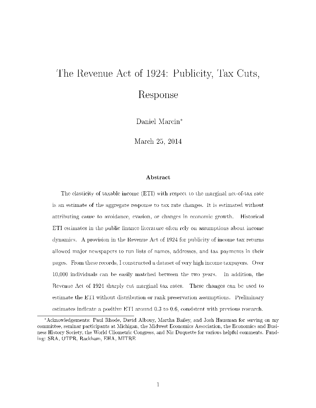 The Revenue Act of 1924: Publicity, Tax Cuts, Response