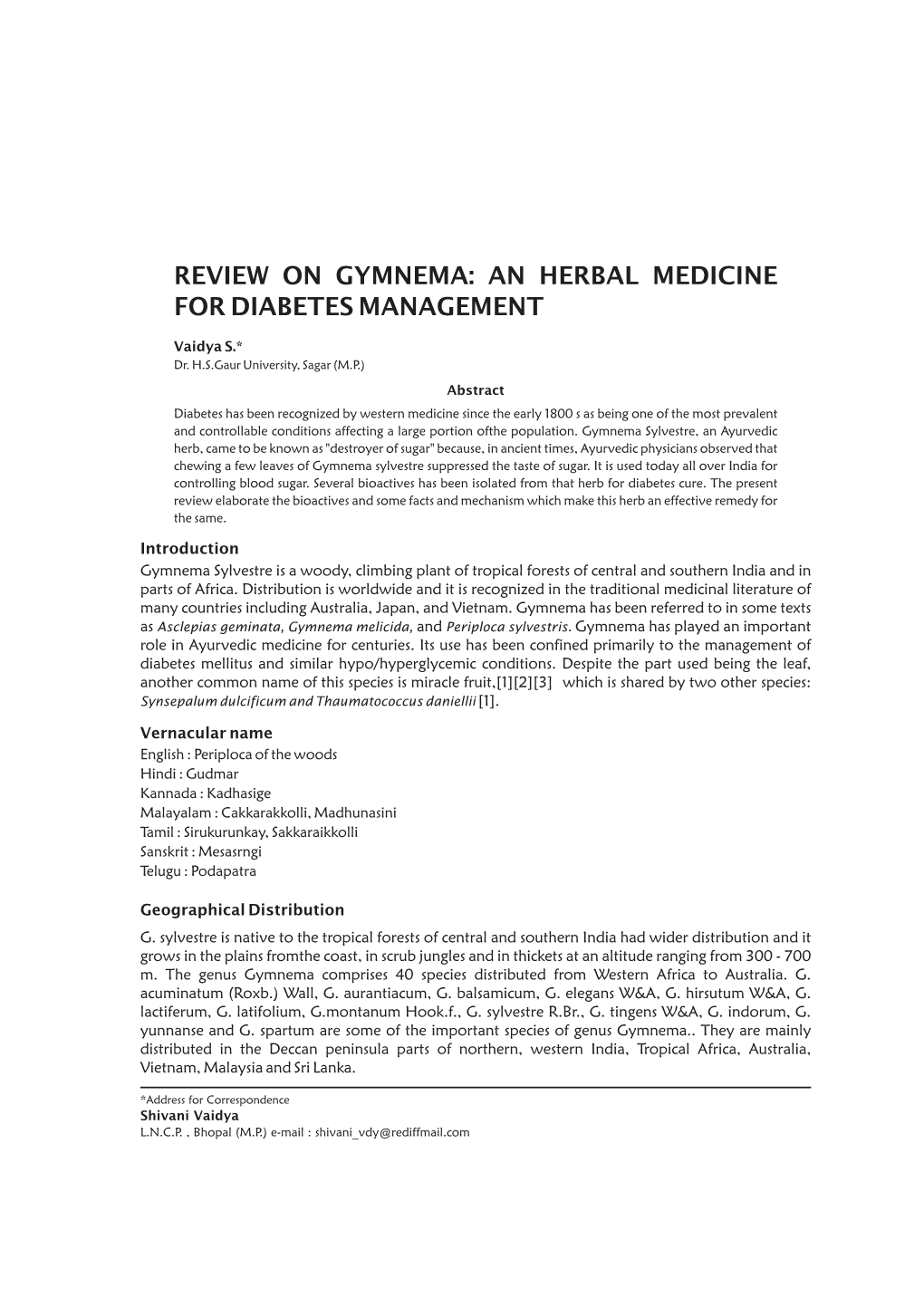 Review on Gymnema: an Herbal Medicine for Diabetes Management