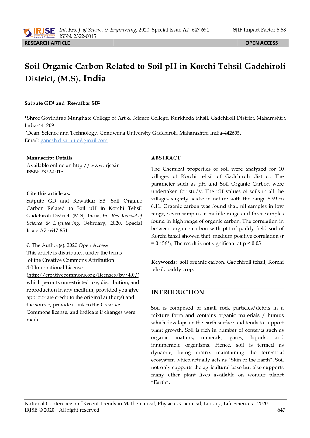 Soil Organic Carbon Related to Soil Ph in Korchi Tehsil Gadchiroli District, (M.S)