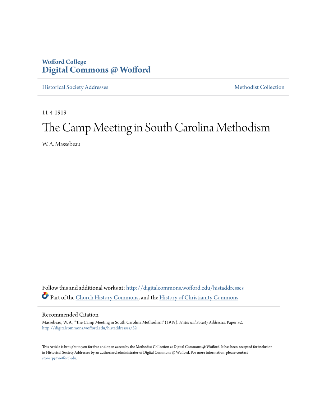 The Camp Meeting in South Carolina Methodism