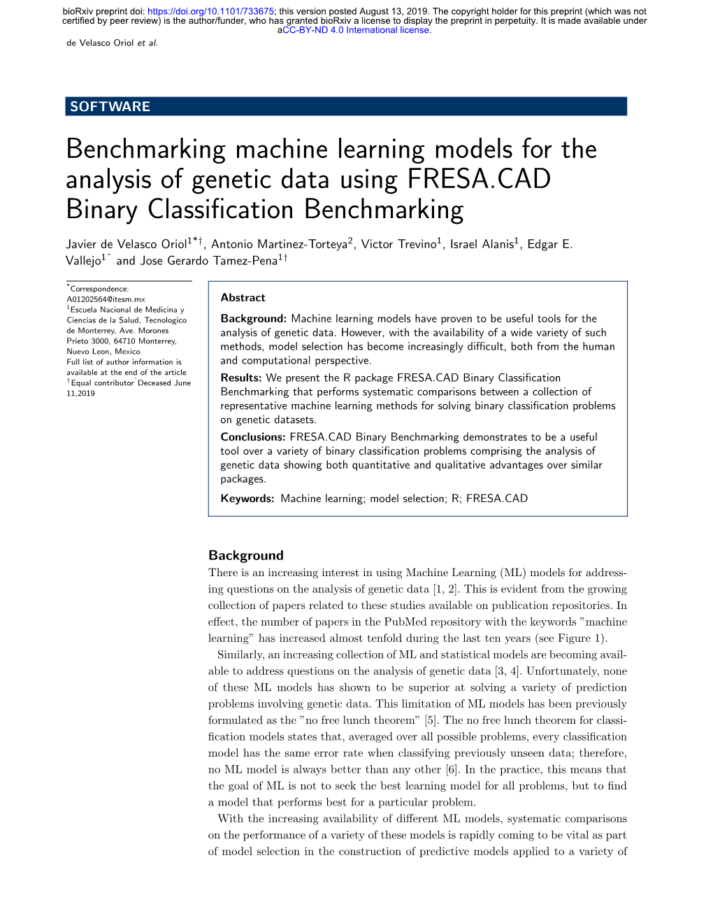 Benchmarking Machine Learning Models for the Analysis of Genetic Data Using FRESA.CAD Binary Classiﬁcation Benchmarking