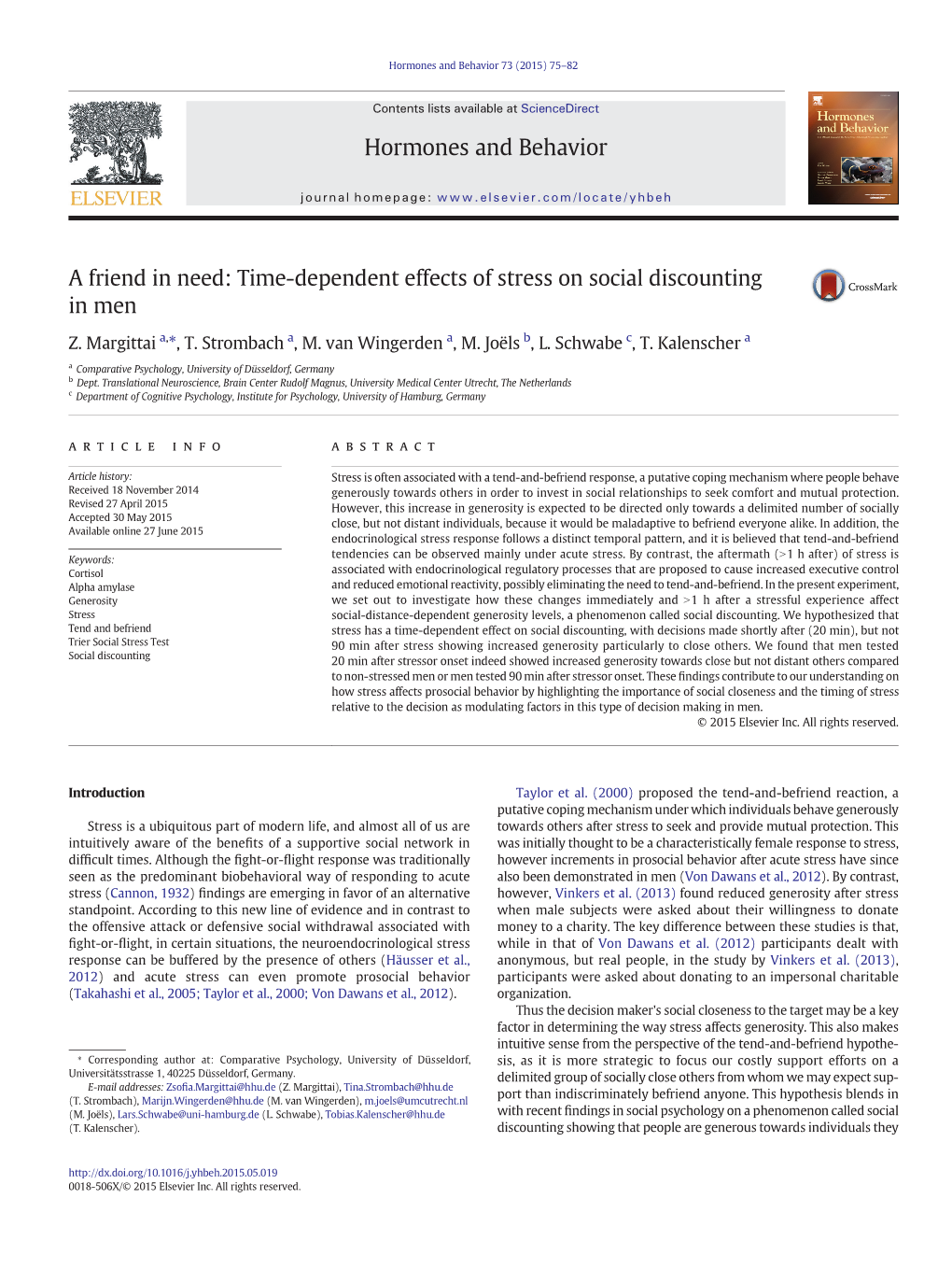 Time-Dependent Effects of Stress on Social Discounting in Men