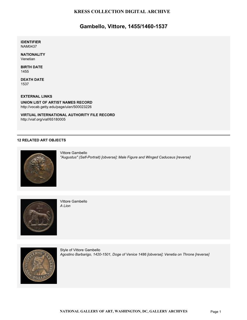 Summary for Gambello, Vittore, 1455/1460-1537 (NAM0437)