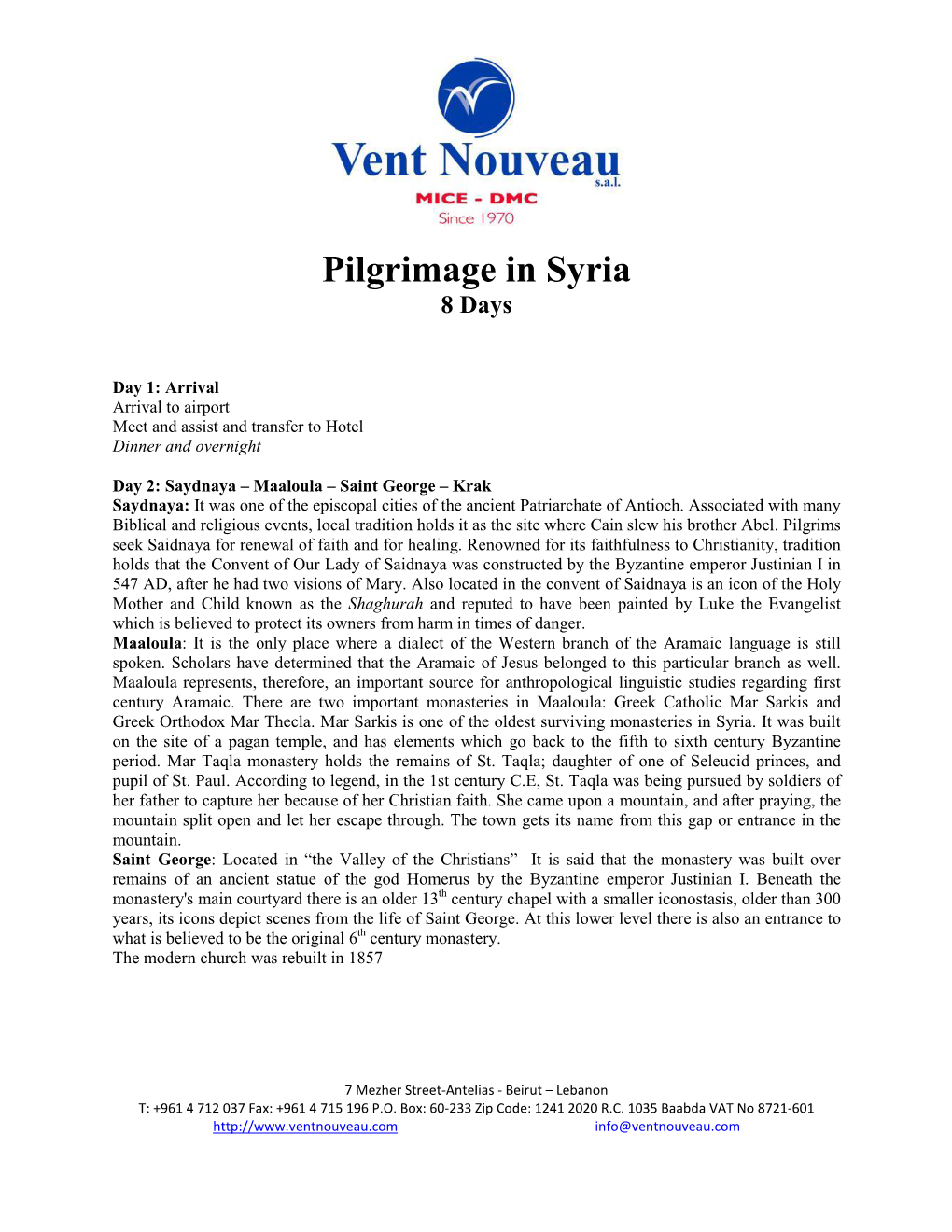 Pilgrimage in Syria 8 Days