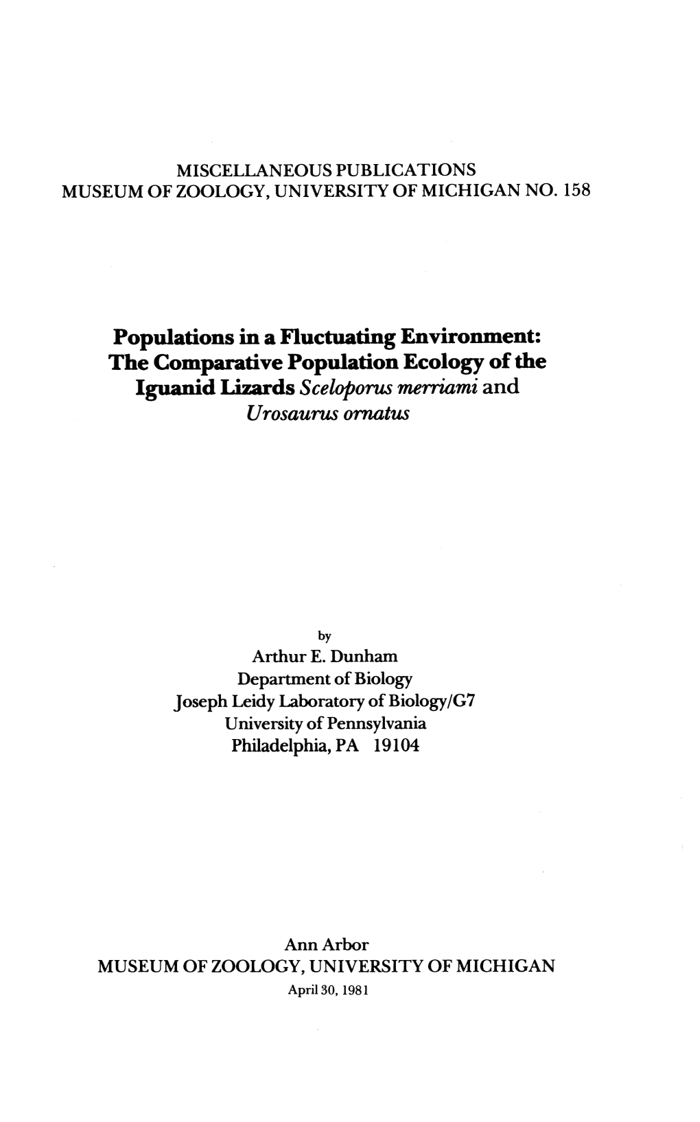 The Comparative Population Ecology of the Iguanid Lizards Sceloporus Mrriurni and Urosaurus Omatus