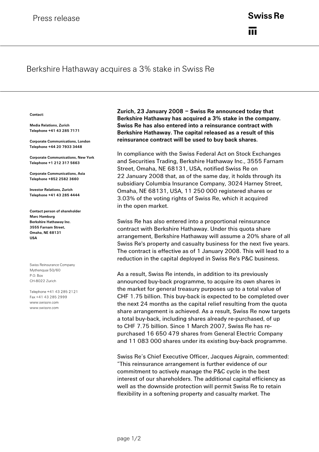 Swiss Re Press Release