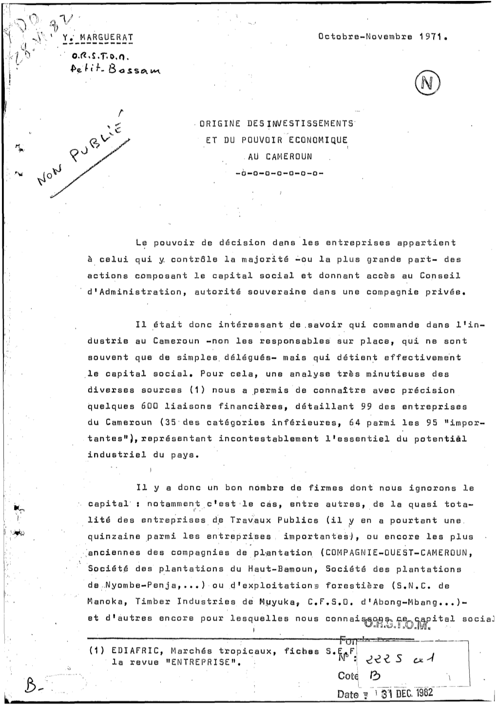 Origine Des Investissements Et Du Pouvoir Économique Au Cameroun