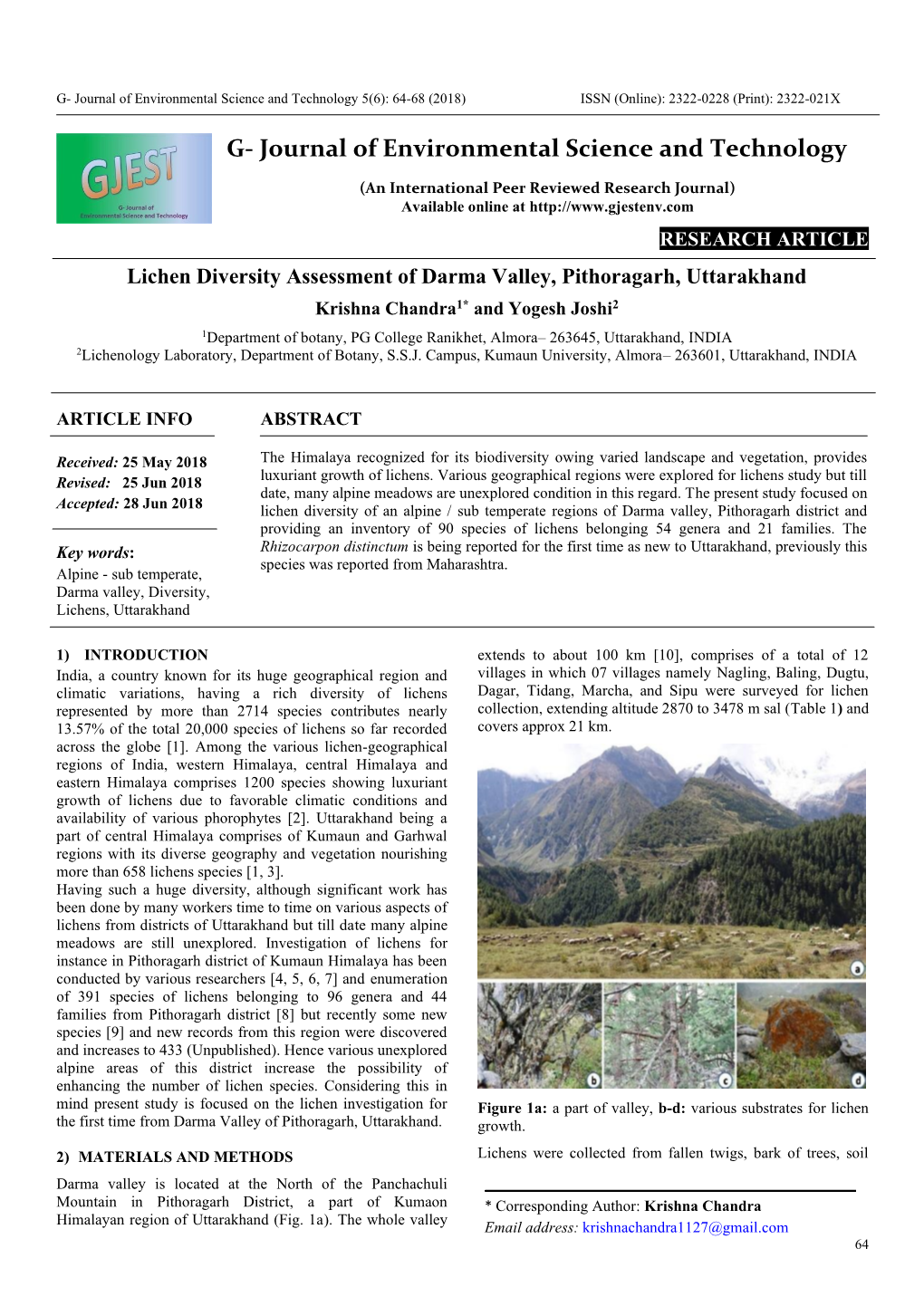 Lichen Diversity Assessment of Darma Valley, Pithoragarh, Uttarakhand