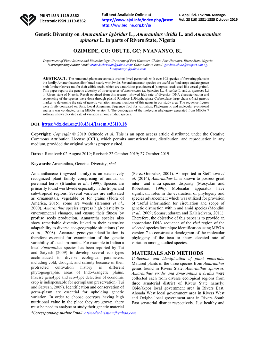 Genetic Diversity on Amaranthus Hybridus L., Amaranthus Viridis L